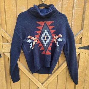 Navy Tribal Pattern Turtleneck Sweater